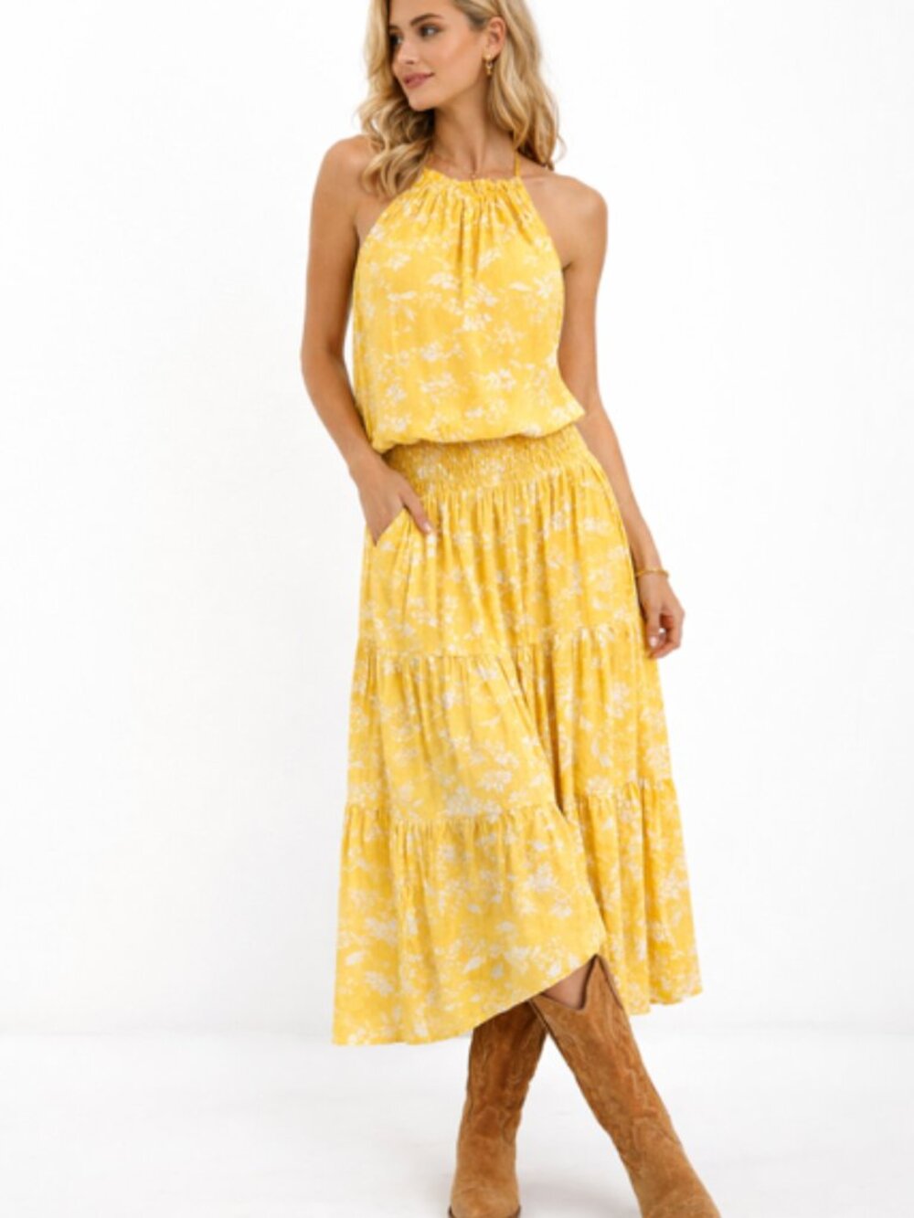 By The River Yellow Floral Maxi Skirt Set Halter Top Matching Set NWT Size M